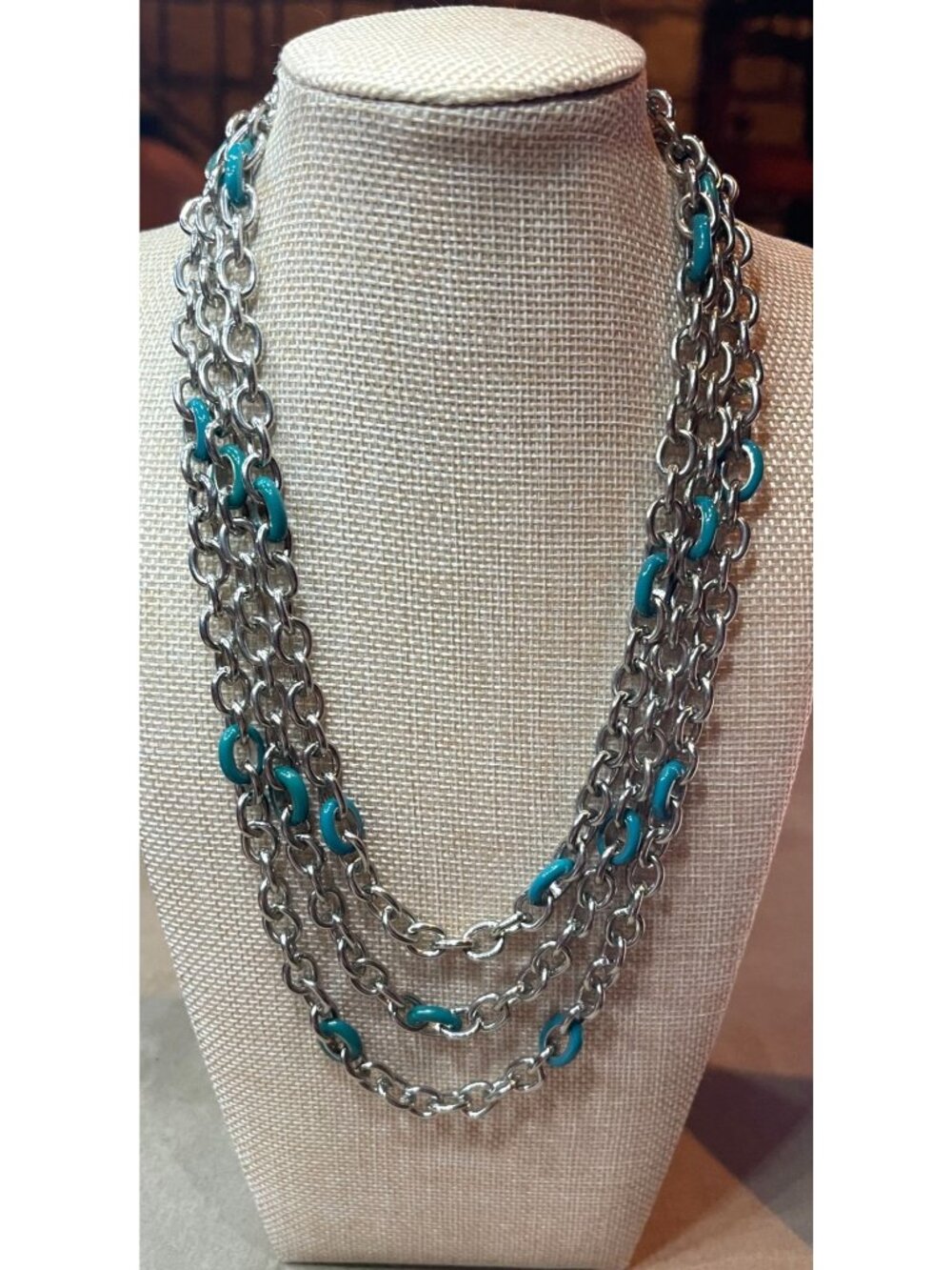 Vintage Y2K Silver-Tone Multi-Strand Chain Layered Necklace with Turquoise Blue